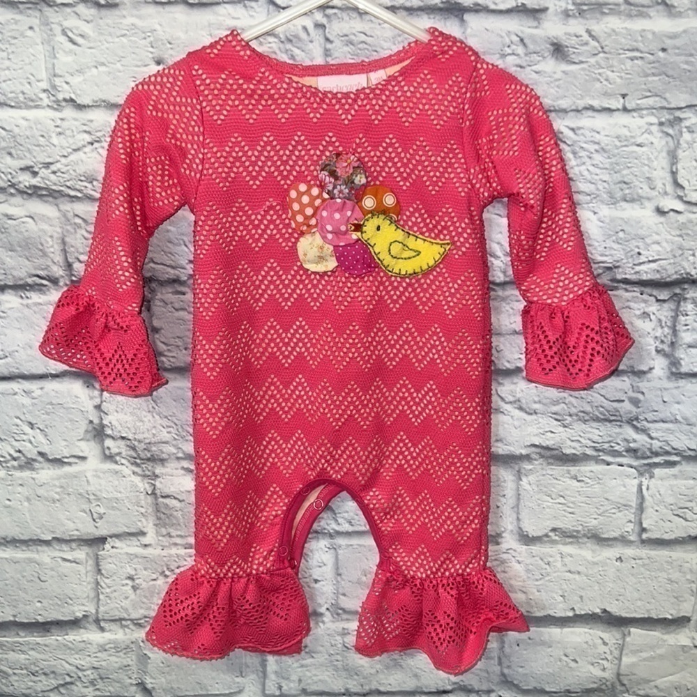 cachcach 3M pink lace overlay ruffle snap legs. bird & flowers appliqué romper - Picture 9 of 9